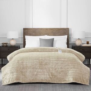 Brookstone Twin Heated Micro Herringbone Blanket Taupe